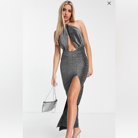 Sexy cut out front maxi dress with slit in silver sparkle sz 8 M - Picture 1 of 5